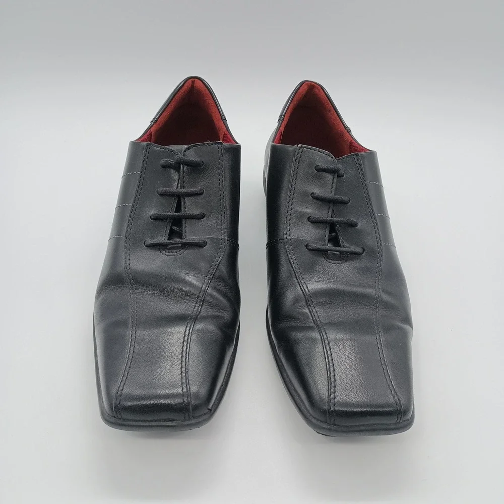 ECCO Black Leather Square Toe Lace‎ Up Oxford Shoes Red Lining Womens 37